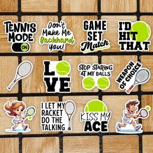 Tennis Sticker Pack of 12 Vinyl Stickers - Waterproof Die Cut Sports Sticker Set